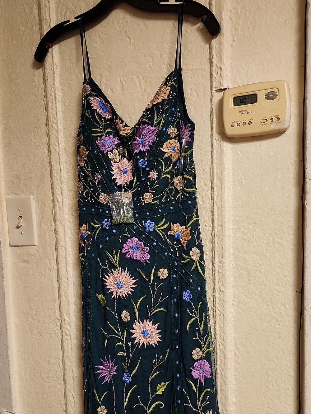 Embroidered Floral Navy Evening Dress with Spaghetti Straps